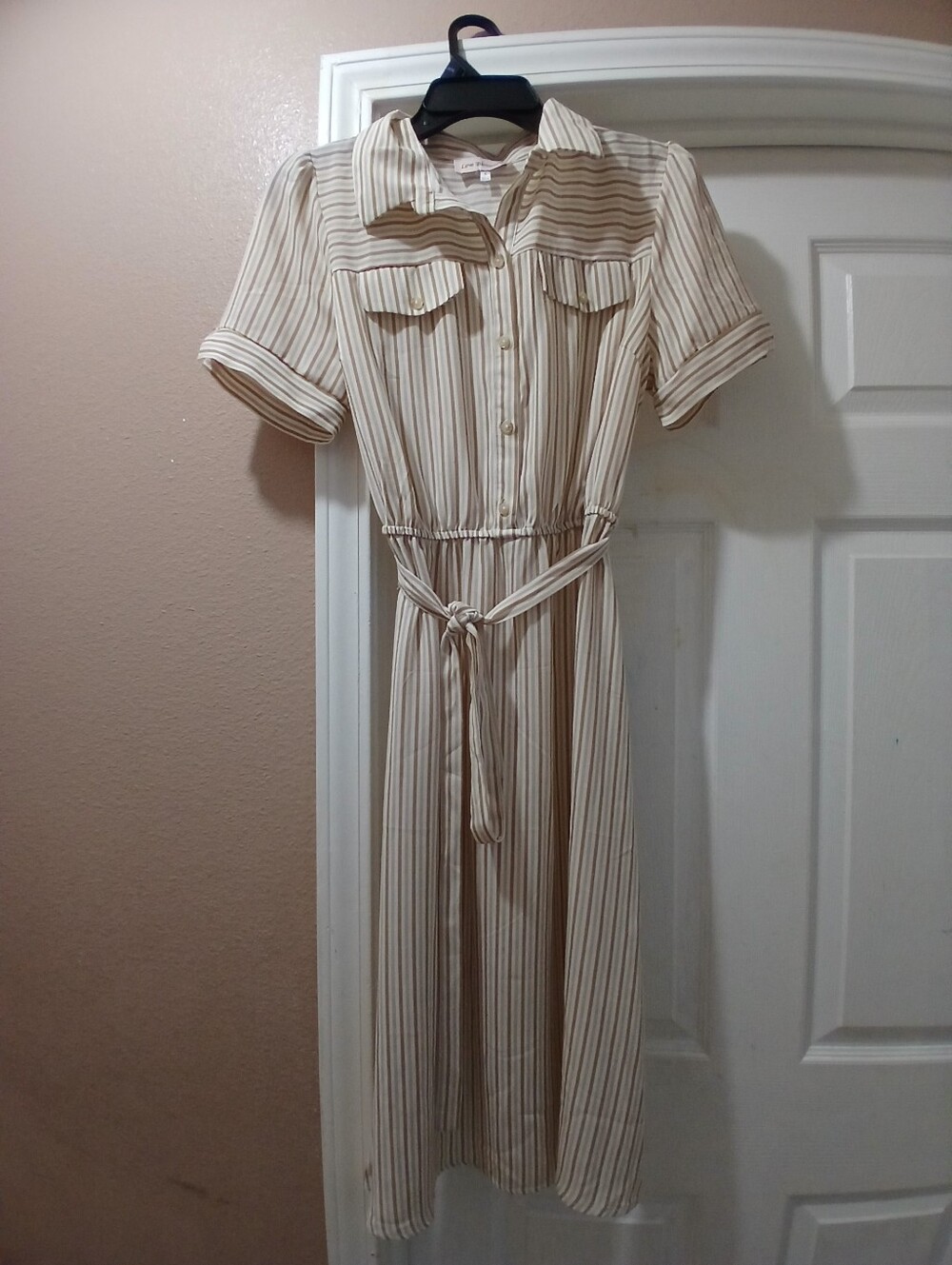 Striped Beige Midi Shirt Dress with Tie Waist